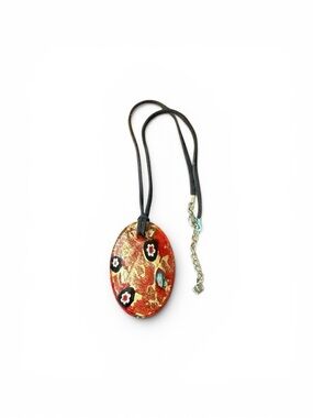 Millifiori Art Glass Red Oval Pendant Necklace- Floral & Gold w/ Suede String
